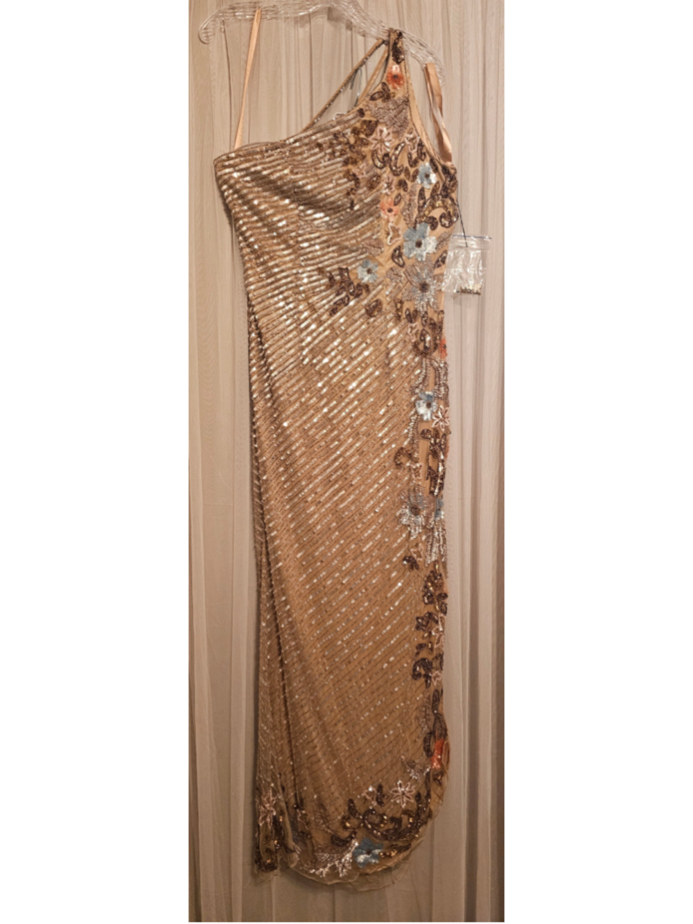 Women's Mac Duggal One Shoulder Beaded Evening Dress Gold Silver size 6